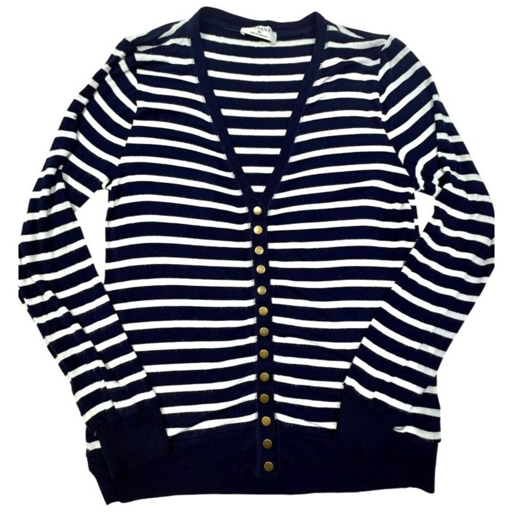 Navy White Striped Cardigan XL Gold Snap V Neck Nautical Preppy Zanana